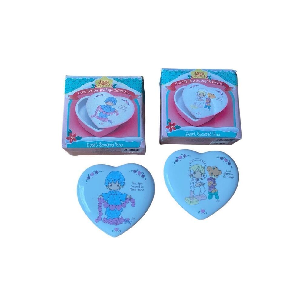 Vintage 90s Precious Moments- Heart Shaped Ceramic Trinket Boxes box